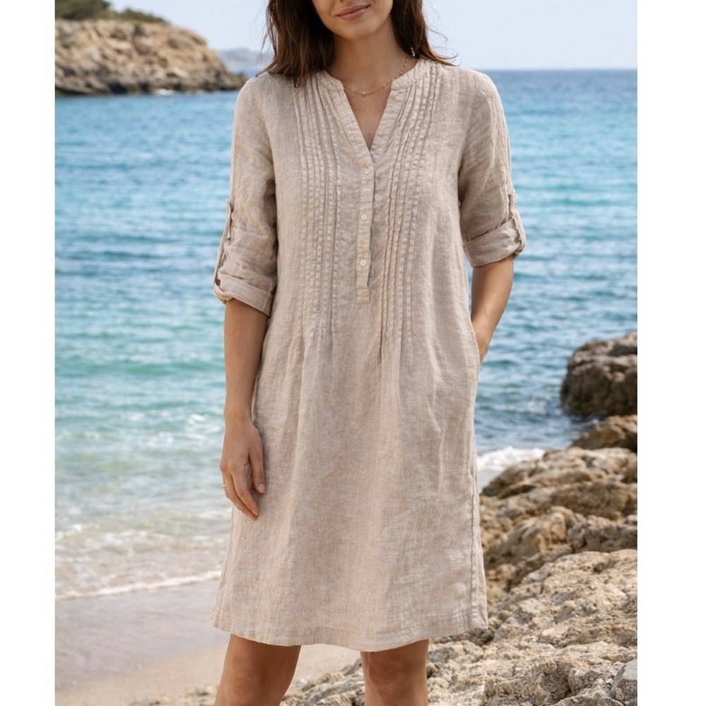 J. McLaughlin Riviera Linen Dress Large Neutral Wheat Pintuck Roll Tab Sleeves